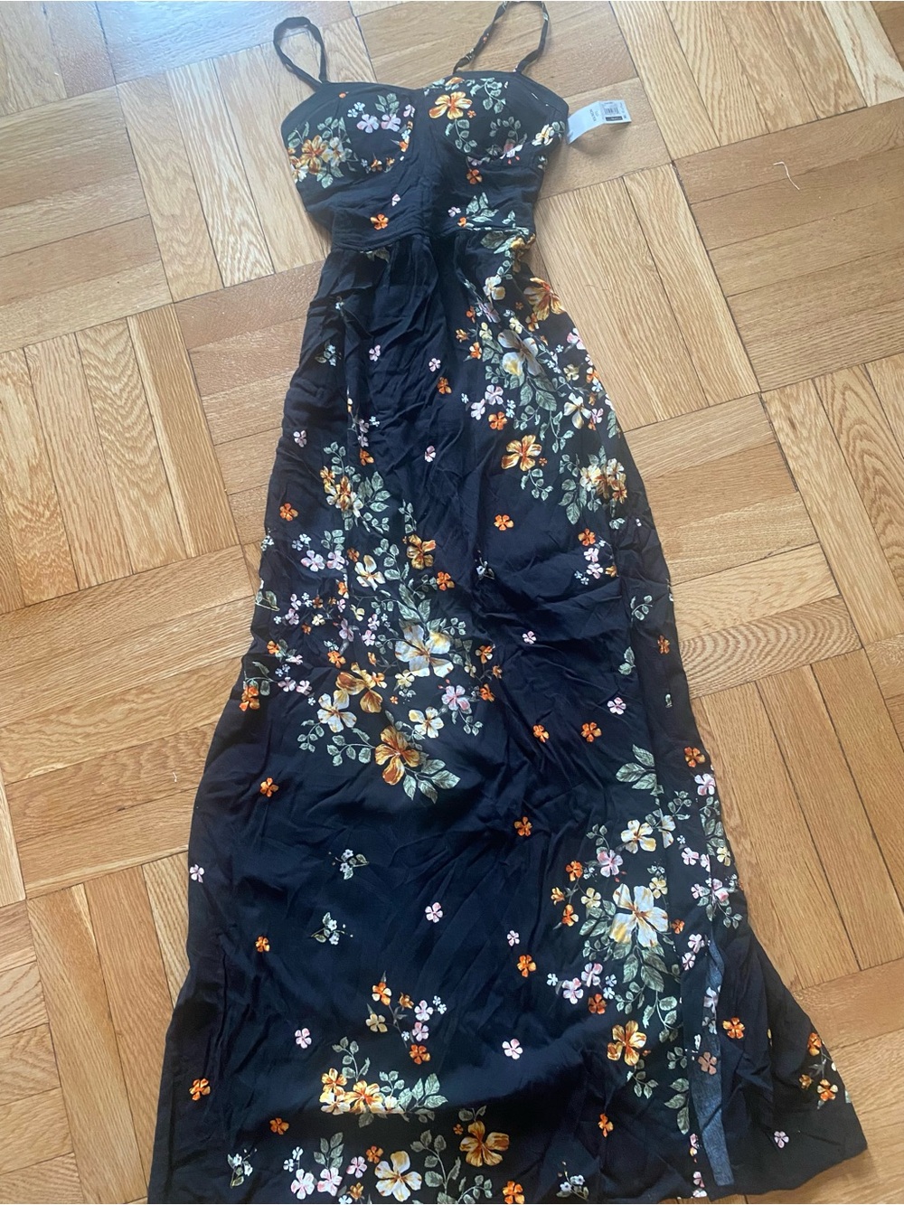 Black Floral Midi Dress with Spaghetti Straps